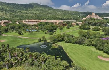 Aerial view of the Sun City Hotel, gardens and The Cascades
